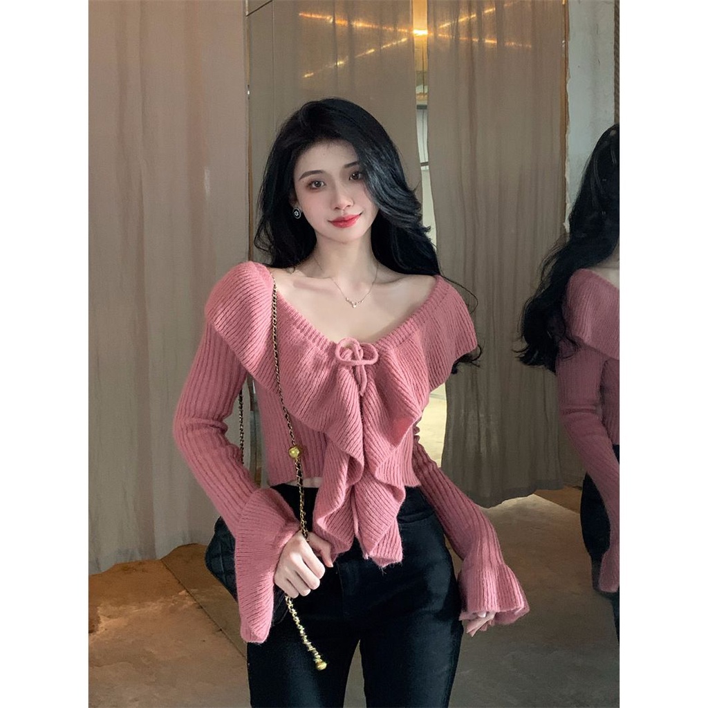 Áo Sweater Dệt Kim Trễ Vai Tay Dài Dáng Ôm Thời Trang Thu Đông Hàn Quốc