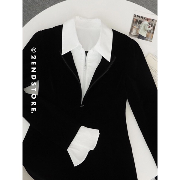 2END Váy nhung burdanh phối cổ sơ mi