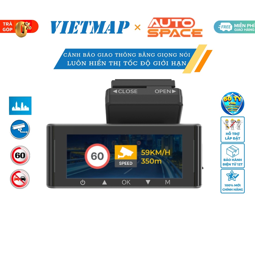 Vietmap M1 | Luôn hiện biển giới hạn tốc độ | Cảnh báo Vượt quá tốc độ | Camera 2K | Ghi hình trước sau