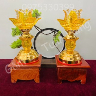 Đèn thờ hoa sen, đèn điện thờ bông sen thủy tinh pha Lê màu đỏ, vàng kích thước 23cm, giá sỉ