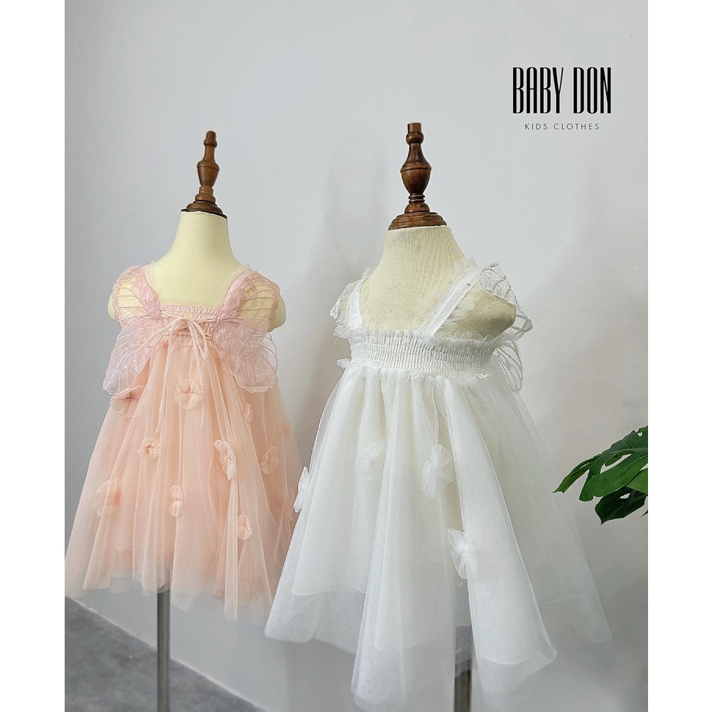 Đầm Công Chúa Hai Dây Đính Cánh Bướm Cánh Tiên Phối Lưới Cho Bé