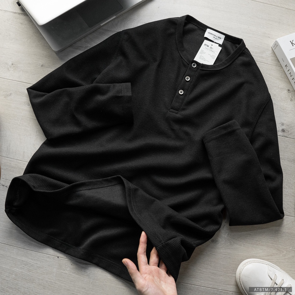 Aó thun dài tay nam, cổ Henley ESSENTIALS ,Form Slim,chất vải tổ ong loại 1 co dãn,Hàng vnxk