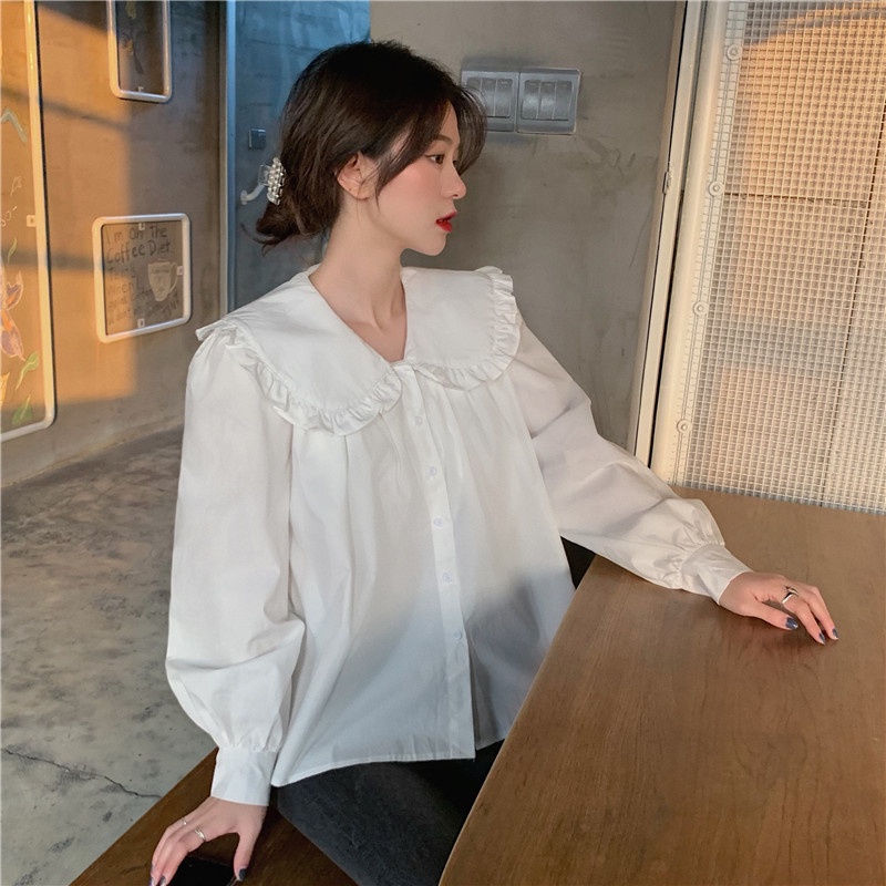 Áo Sơ Mi Trắng Tay Dài Cổ Búp Bê Phong Cách Hàn Quốc Thời Trang Cho Nữ