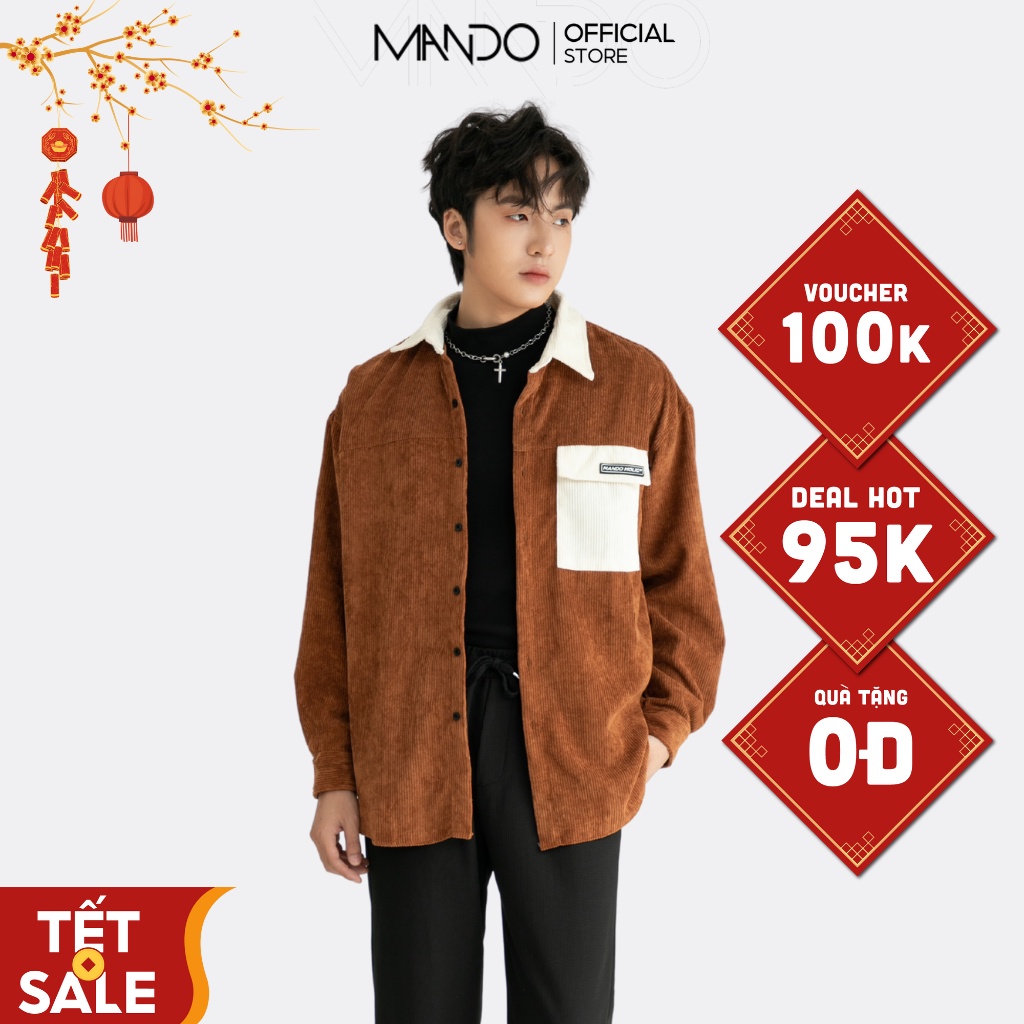 Áo Sơ Mi Nhung Tăm MANDO Form Rộng Dài Tay, Có Túi Ngực Phối Màu Phong Cách Thười Trang Hàn Quốc SHT009