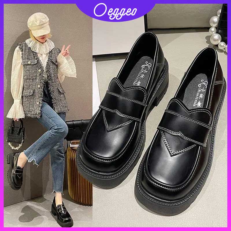 Oeggeo Giày Da Đế Dày Màu Đen Thiết Kế Đơn Giản Cho Nữ