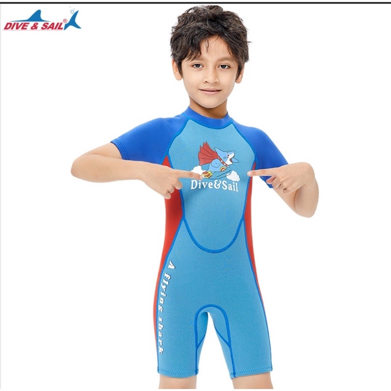 Đồ bơi giữ nhiệt ngắn tay dày 2.5mm cho bé trai WS M151614K hiệu Dive & Sail xanh cá mập
