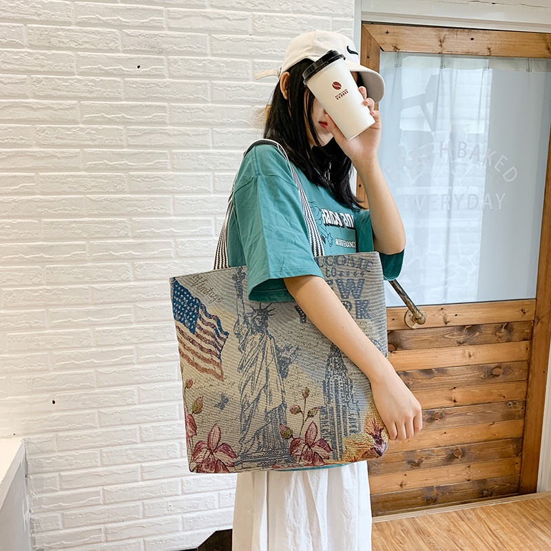 Túi Xách Vải Canvas Họa Tiết Thổ Cẩm Thời Trang Cho Nữ