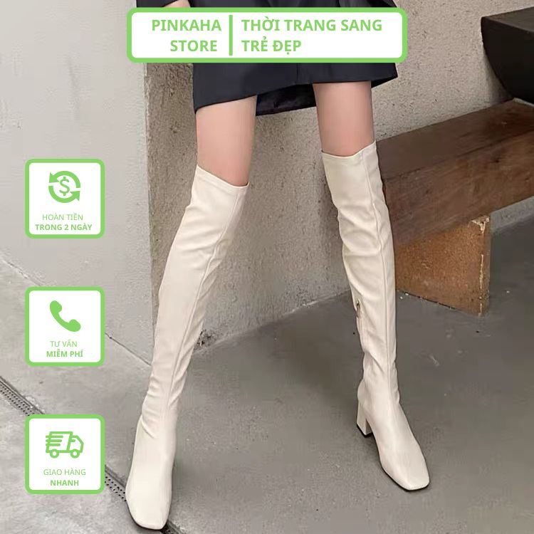 (Hàng Sẵn) Giày bốt đùi nữ da lỳ trơn mềm cao cấp sang chảnh đế vuông cao 6p fullbox QCCC khóa cạnh phong cách Ulzzang