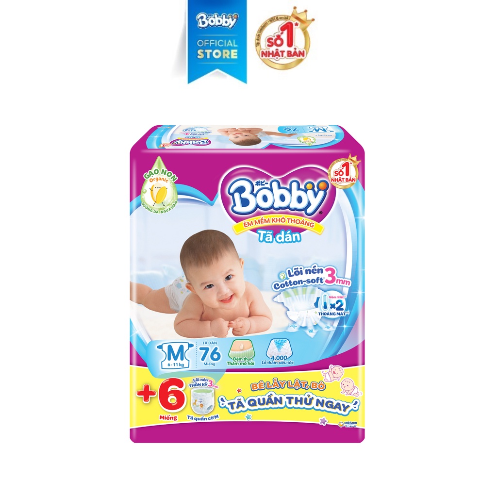 Tã dán Bobby S84/M76/L68/XL62/XXL56 mới- Lõi nén cotton-soft 3mm
