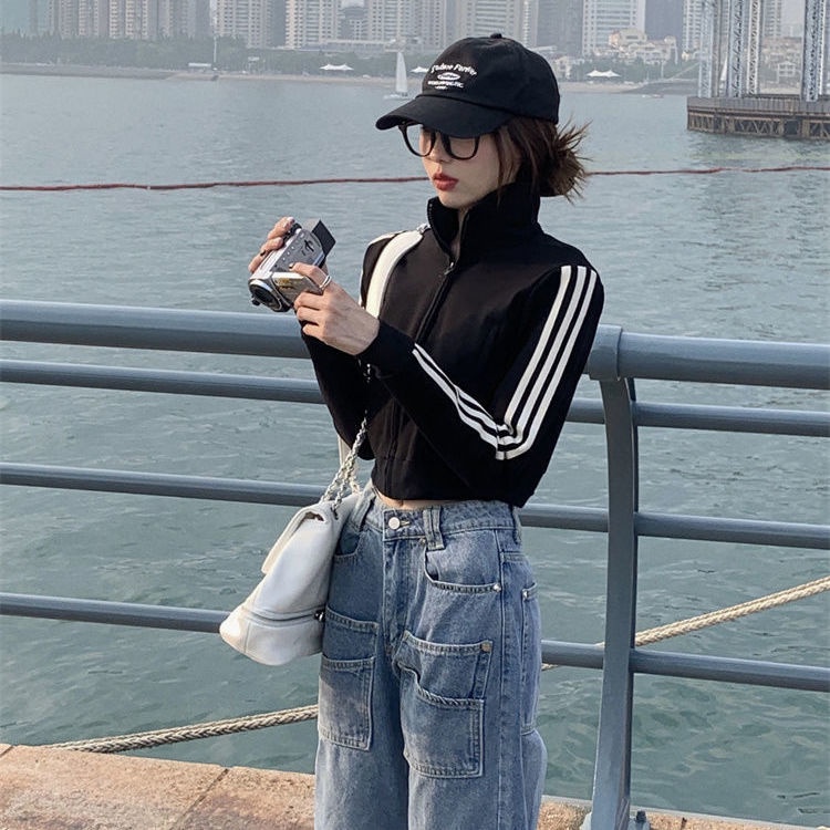 COZOKC COZOK Áo khoác crop top COZOK cổ đứng có khóa kéo phong cách thể thao cá tính
