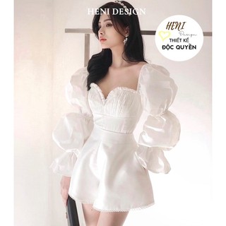 Alice 𝐒𝐄𝐓 | áo croptop tay dài bồng +quần trắng viền ren ,heni design,áo cổ vuông