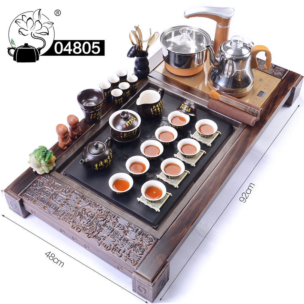 Bàn trà điện thông minh bàn gỗ mặt đá ấm chén gốm sứ tử sa để phòng khách - Mã : 04801-19