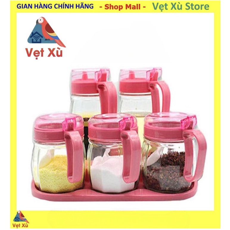 Bộ 5 Hủ Thuỷ Tinh Đựng Gia Vị, Bộ Gia Vị Thủy Tinh 5 Món Có Tay Cầm Màu Hồng Cao Cấp