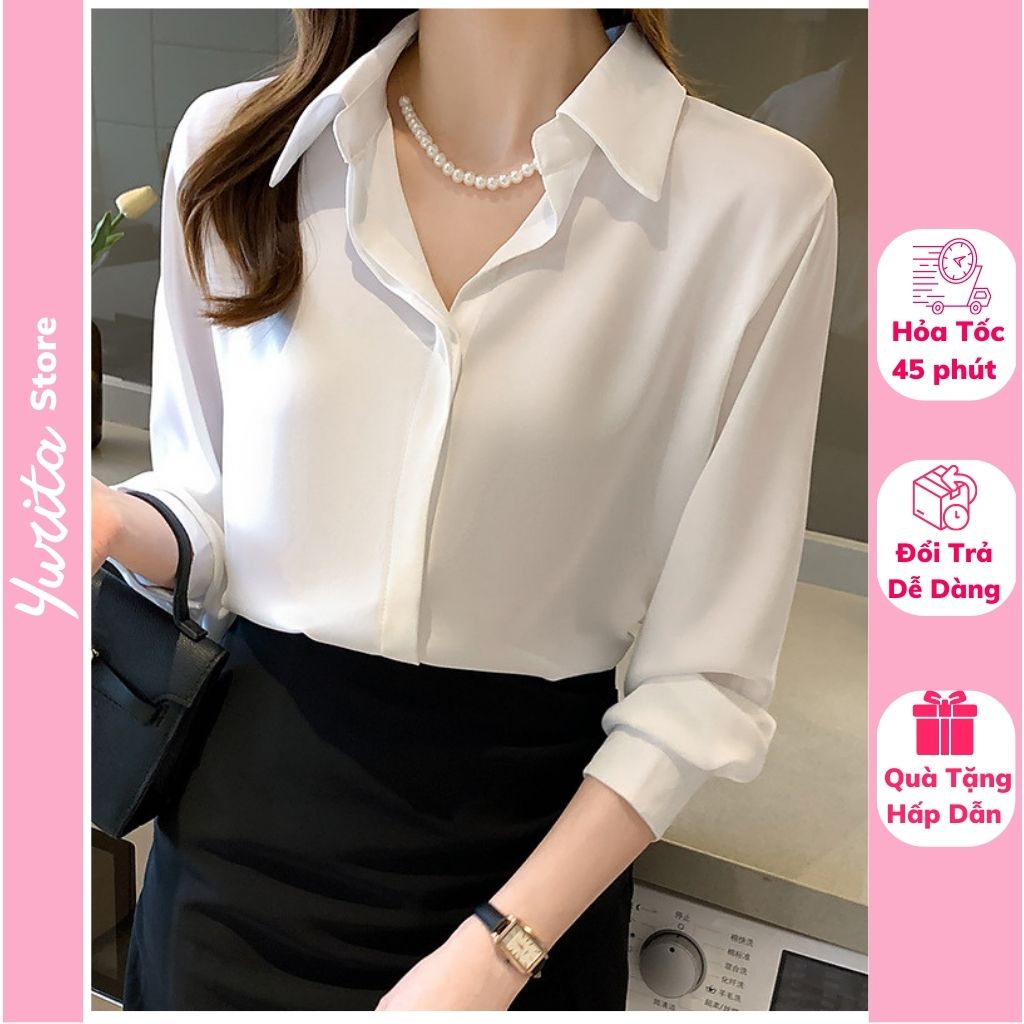 Áo Sơ Mi Nữ Công Sở Màu Trắng Cổ Đức YURITA Kiểu Hàn Quốc Vintage Ulzzang Form Rộng Dài Tay Đẹp Chất Lụa Cao Cấp A2T