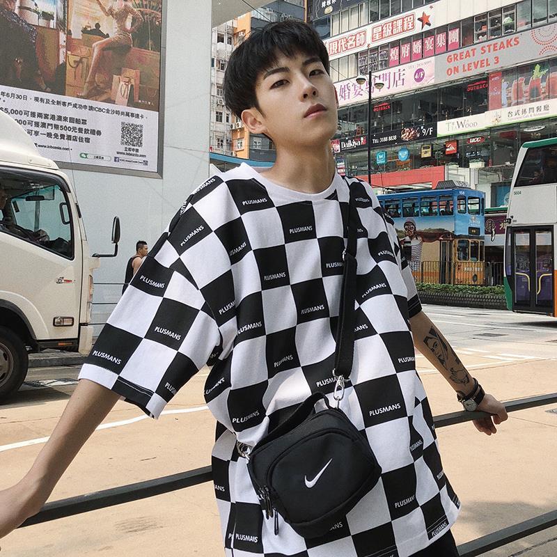 Áo Sơ Mi Ngắn Tay Form Rộng Họa Tiết Sọc Caro Trắng Đen Phong Cách Retro Hong Kong