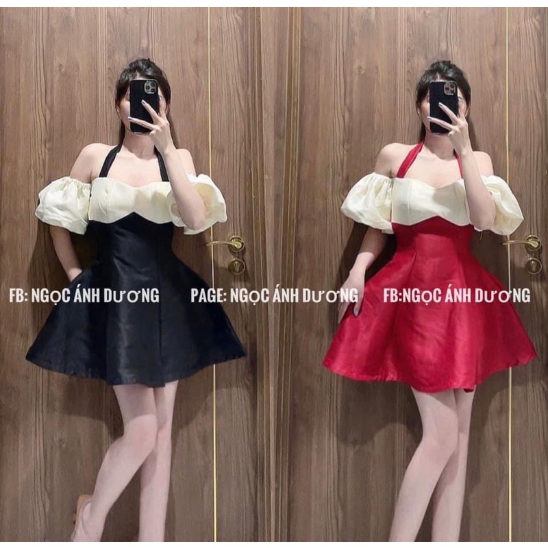 Đầm xoè phối tay phồng cổ yếm