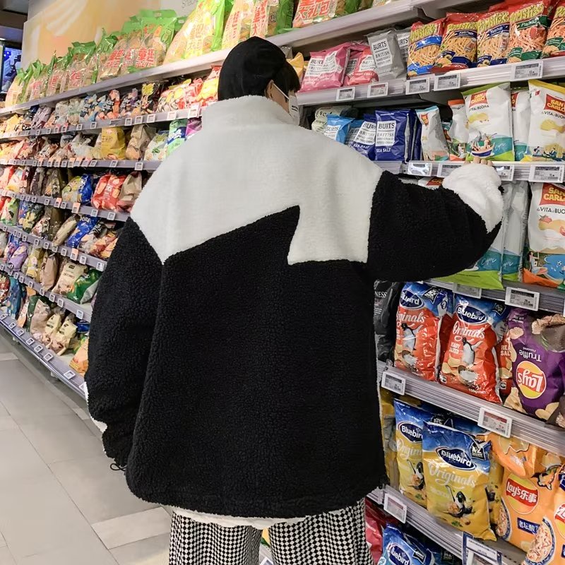 Áo Khoác Lông Cừu Cao Cấp Dáng Rộng Phối Màu Tương Phản Có Khóa Kéo Thời Trang Mùa Đông Phong Cách Hàn Quốc Cho Nam