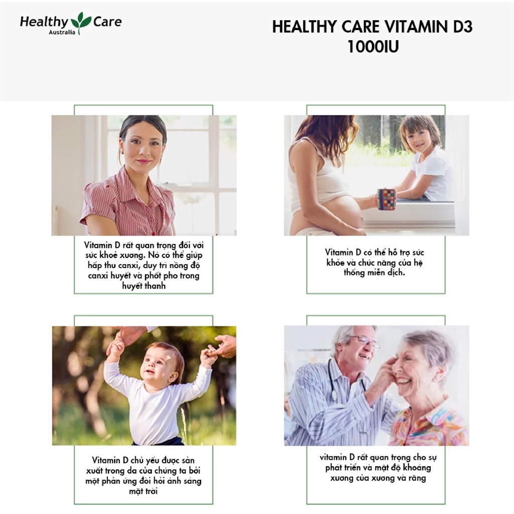 Viên uống chống loãng xương Healthy Care Vitamin D3 1000IU 250 viên Úc