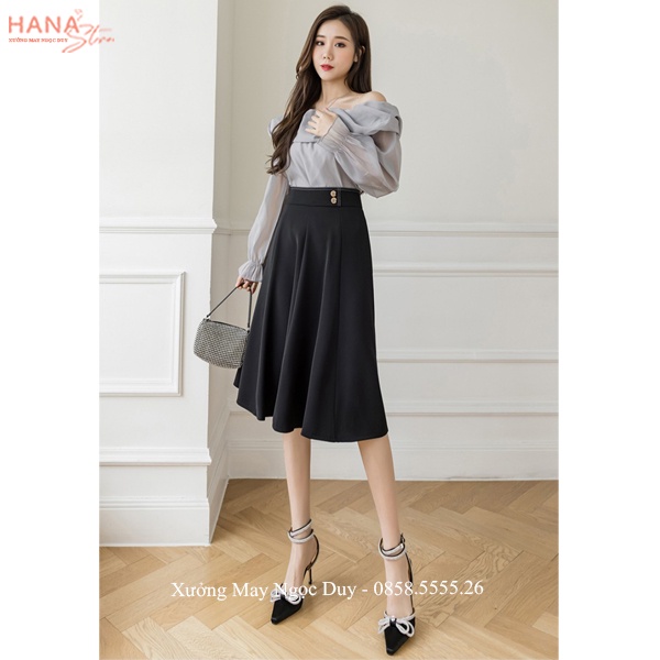 Chân váy dài xòe xếp ly qua gối dáng lửng lỡ cạp cao - Chân váy công sở dài phối cúc chữ A tiểu thư đi làm tiệc hẹn hò