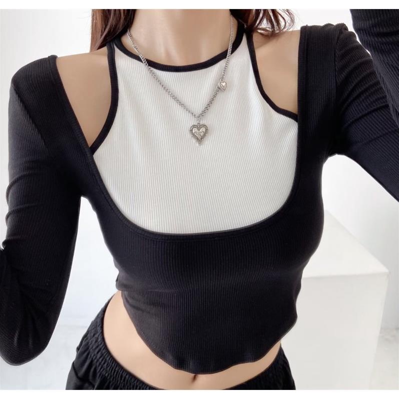 Áo Kiểu Tay Dài Ôm Body Cổ Yếm Khoét Vai Dáng Ngắn Phong Cách Retro Thời Trang Cho Nữ - AO063