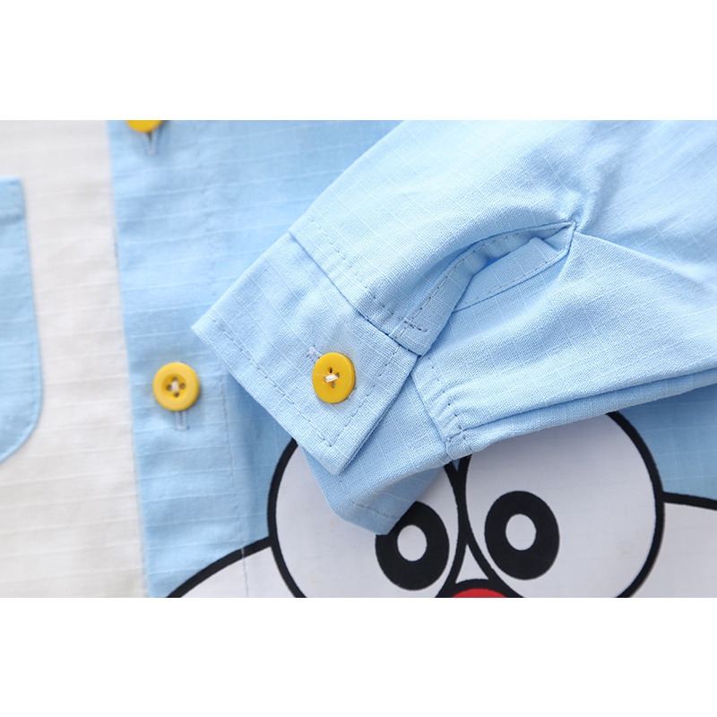 Bộ Áo Sơ Mi Tay Dài + Quần Denim Họa Tiết Doraemon Phong Cách Hàn Quốc Thời Trang Cho Bé Trai Gái 80-120cm