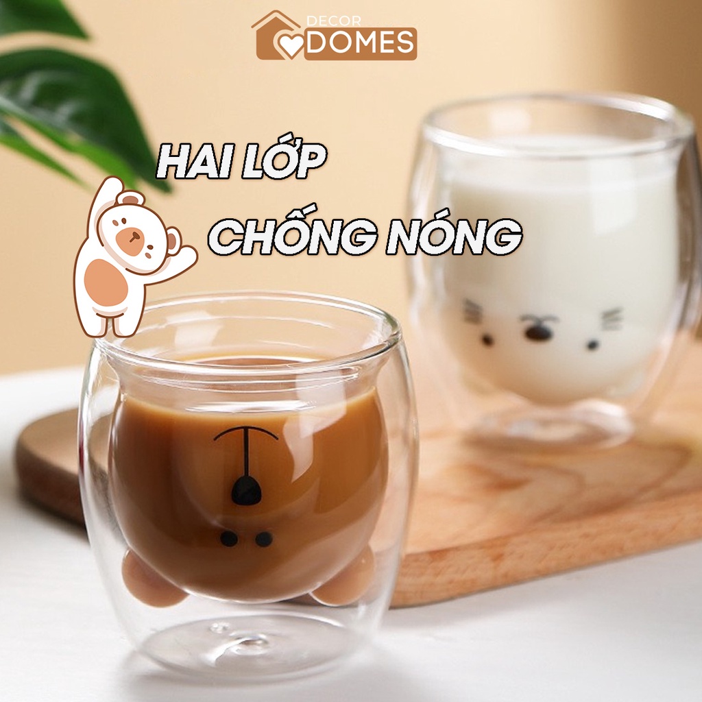 Ly thủy tinh hình gấu, cốc thủy tinh 2 lớp chống nóng hình gấu cute 250ml