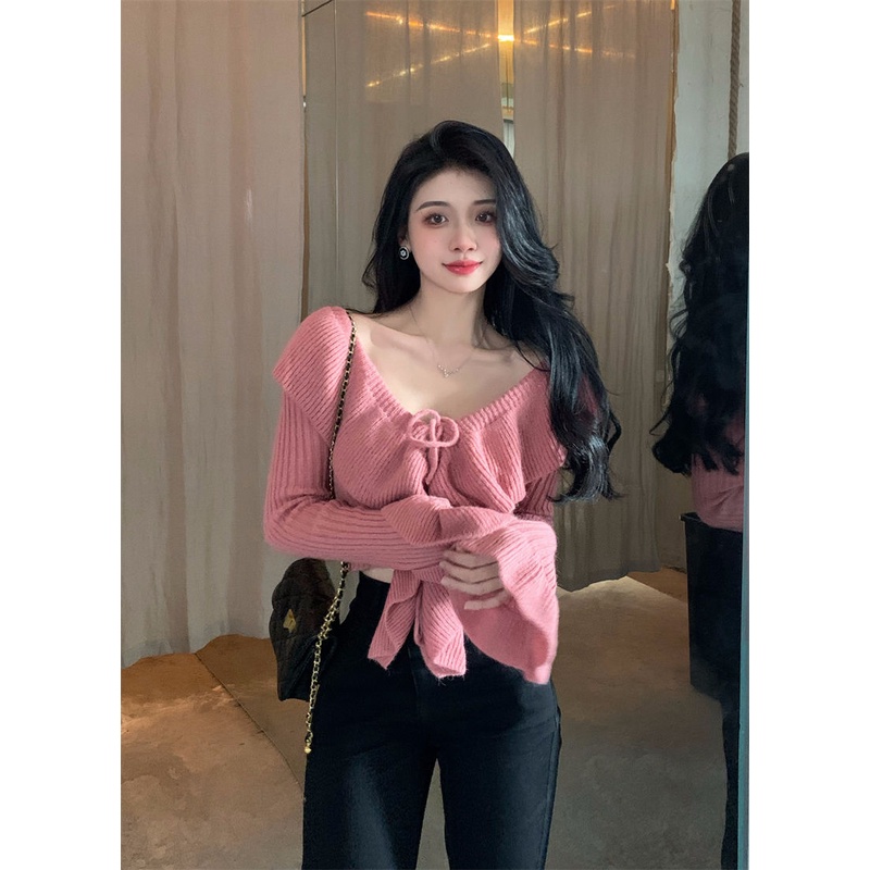 Áo Sweater Dệt Kim Trễ Vai Tay Dài Dáng Ôm Thời Trang Thu Đông Hàn Quốc