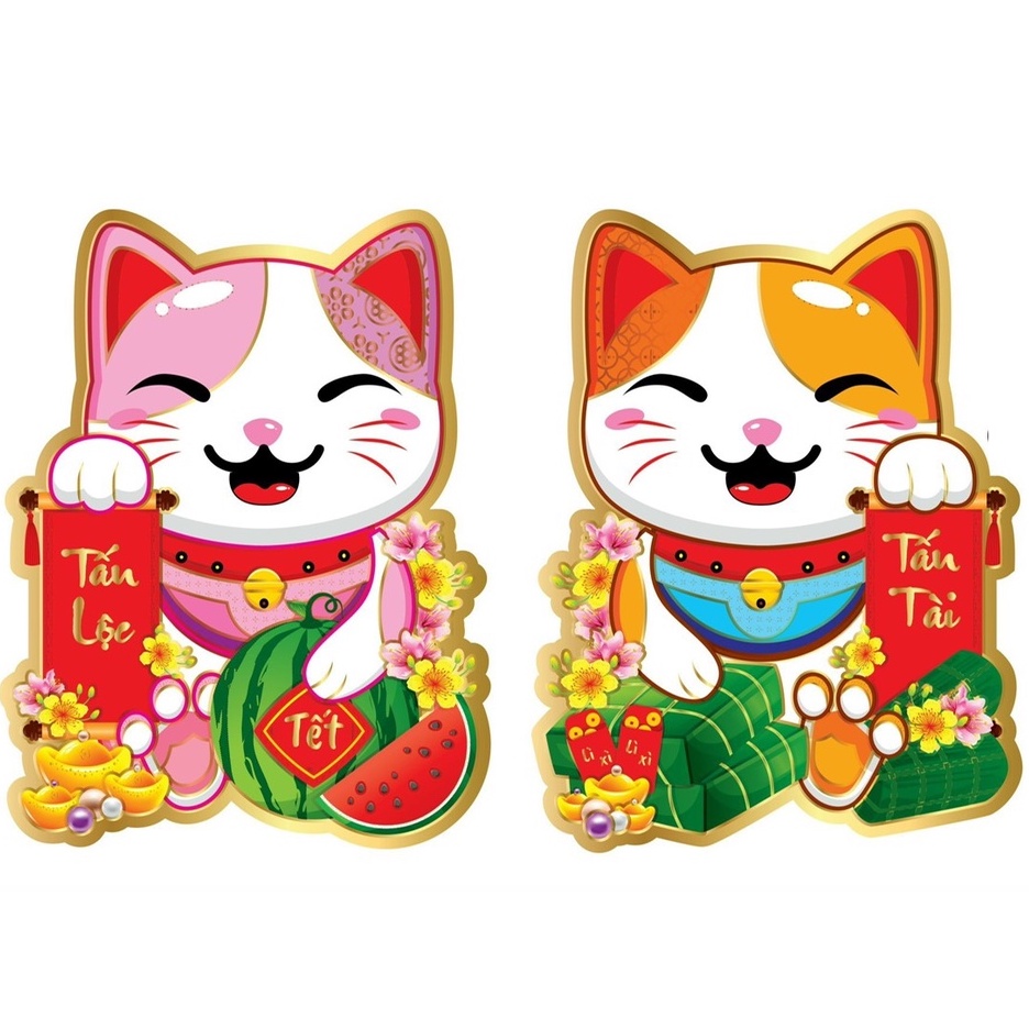 Hình dán mèo bánh chưng dễ thương trang trí tết cao 40cm (giá 1 cặp)
