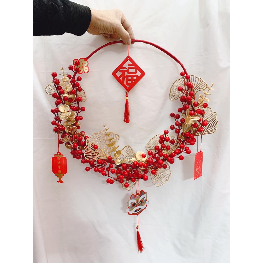 Vòng tài lộc treo cửa Decor trang trí ngày tết may mắn Đón xuân- Vòng hoa đào đông đỏ đón tết may mắn Tài Lộc năm mới
