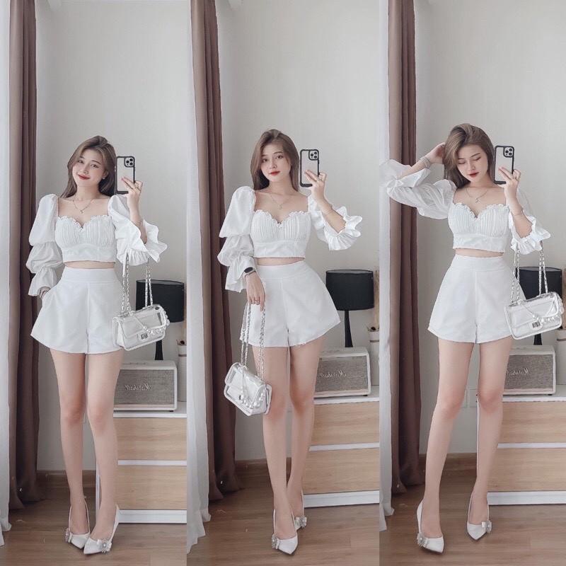 Set áo chân váy crotop cup ngực xếp li tay bồng tiểu thư với quần short trắng đi chơi,dự tiệc sang chảnh