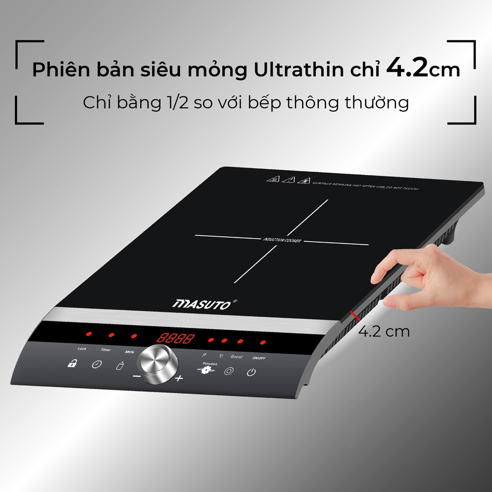 Bếp điện từ đơn cảm ứng Masuto MS-ID2000 kính cường lực siêu bền nấu đa năng an toàn bảo hành 36 tháng TẶNG NỒI LẨU INOX