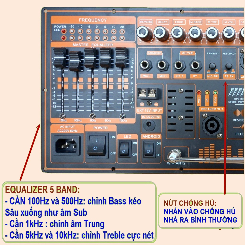 Mạch loa kéo 500W Reverb chống hú DSP Livestream Equalizer 5 Band  dùng 4 tay micro