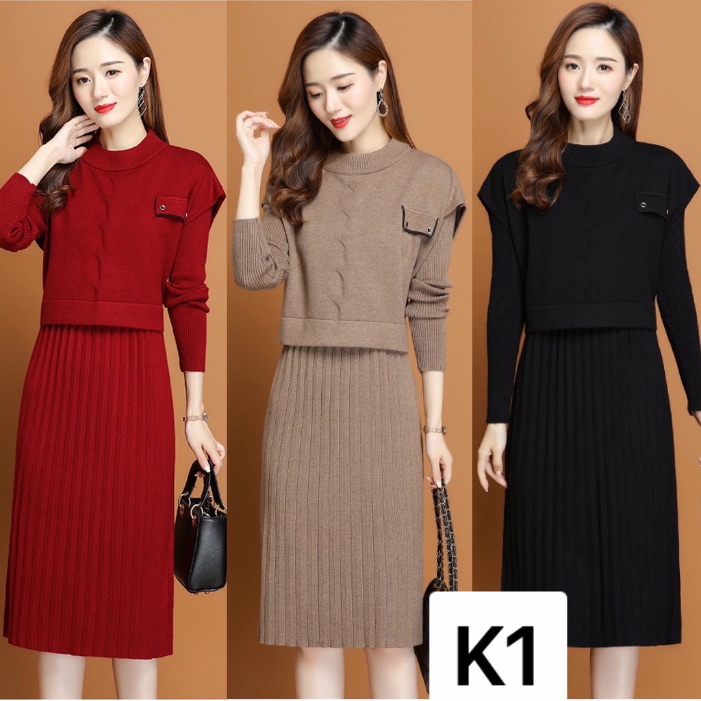 VÁY LEN QUẢNG CHÂU DÁNG DÀI, THẮT EO, CỔ TRÒN, DÀI TAY 0