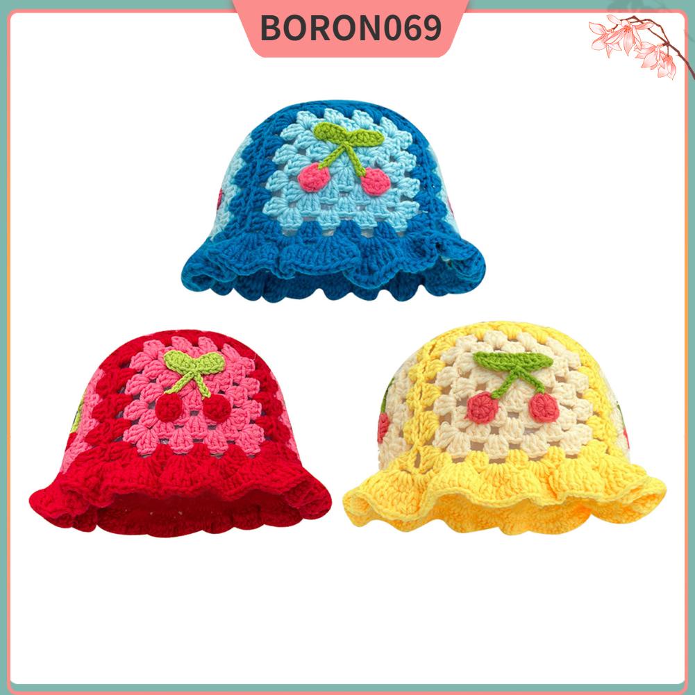 Boron069 Phụ Nữ Đan Hoa Nón Anh Đào Dễ Thương Có Thể Gập Lại Handmade Len Cho Mùa Thu Đông Free Size