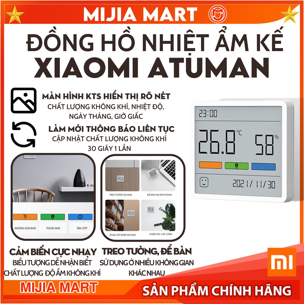 Đồng hồ nhiệt ẩm kế Xiaomi Atuman TH1, đồng hồ thông minh, màn hình lớn, đo độ ẩm, nhiệt độ