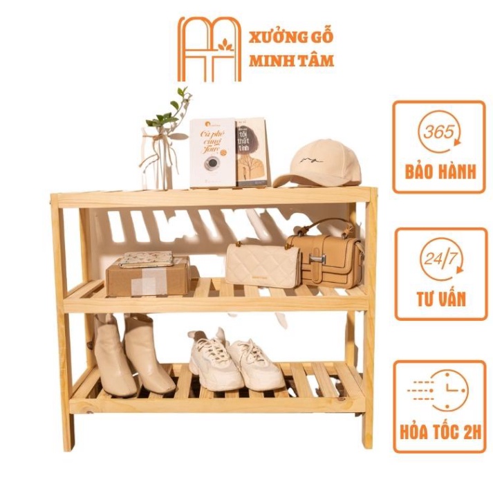 Kệ giày gỗ thông 3 tầng màu vân gỗ sáng, đã xử lý mối mọt, chống ẩm mốc, kệ giày 3 tầng để giày dép gỗ thông ReWoods