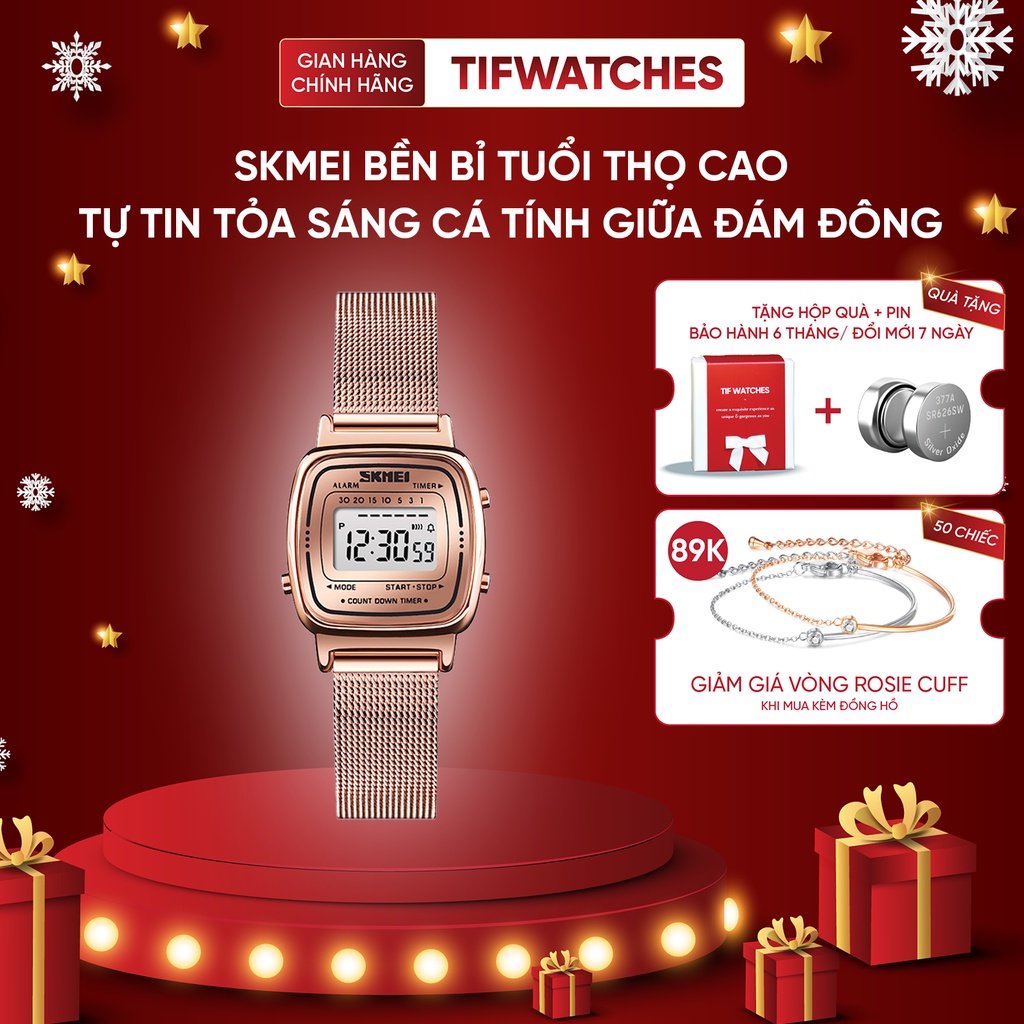 Đồng hồ nữ điện tử mặt nhỏ SKMEI MESH rose gold đồng hồ thời trang cá tính Watchesbytif size 22mm kèm báo thức bấm giờ