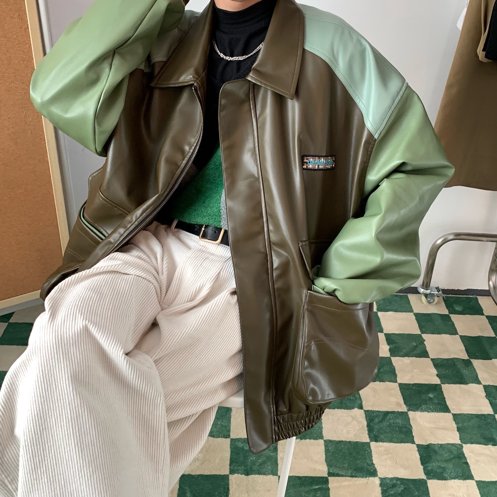 Áo khoác da C2 dáng rộng ghép nối màu nổi thời trang thu đông Mỹ 2021 cổ điển làm tại nhà cho nam và nữ