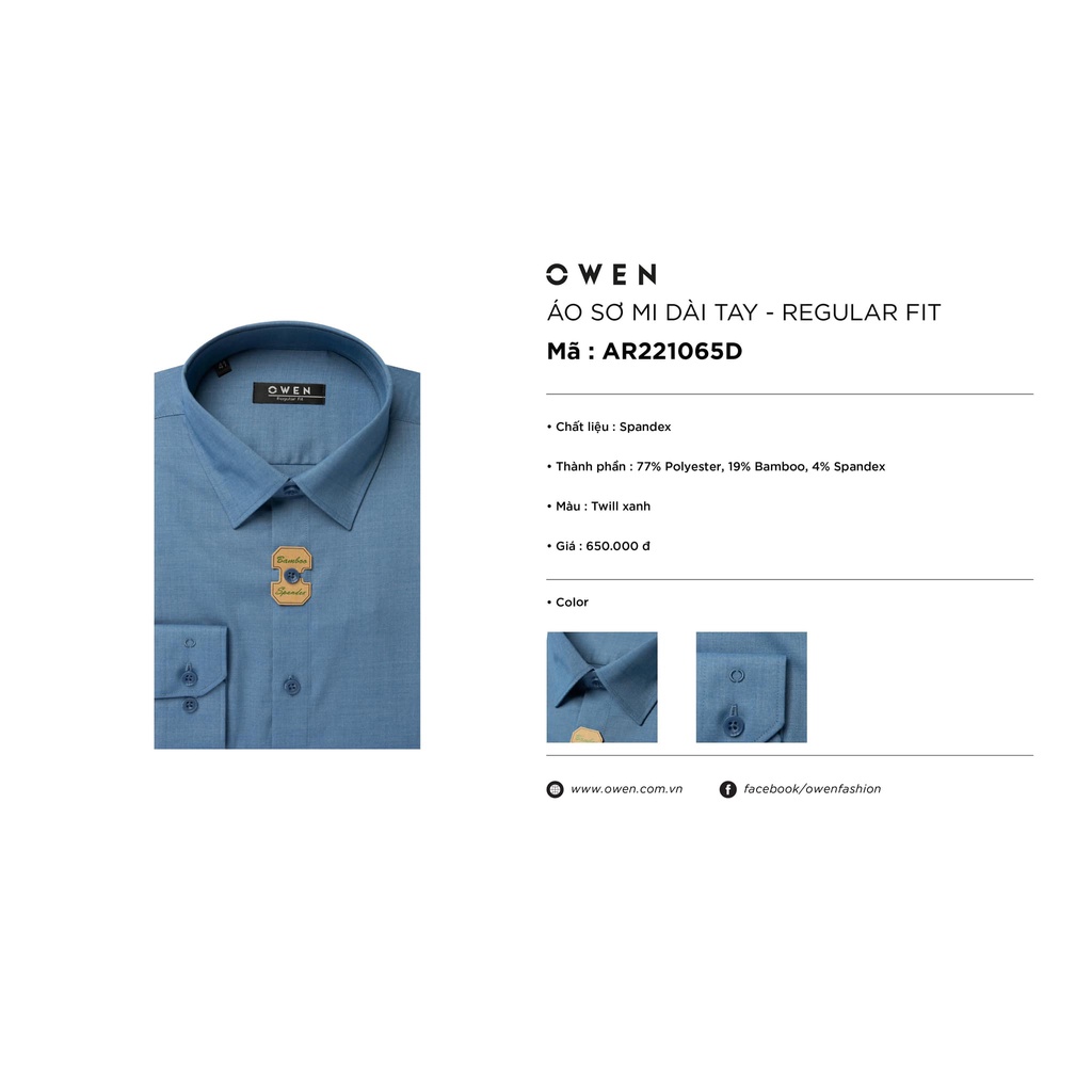 Áo sơ mi owen dài tay màu xanh regular fit vải sợi tre AR221065D