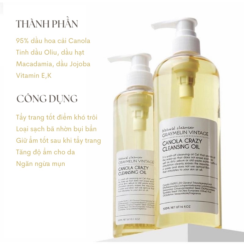 Dầu tẩy trang hoa cải Graymelin Canola Crazy Cleansing Oil 300ml/500ml làm sạch da và tẩy trang hiệu quả