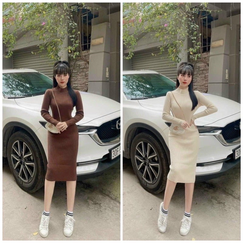 Đầm len, váy len ôm body tôn dáng chất len tăm dáng dài cổ 3cm sang chảnh