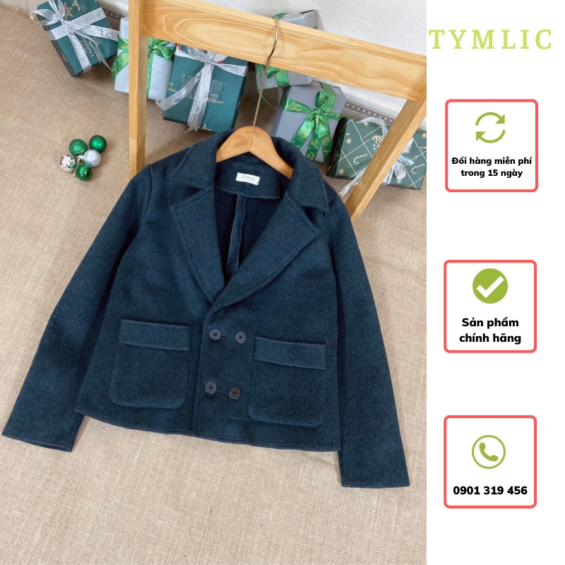 Áo Dạ Lông Cừu Cổ Vest Màu Xanh Lam Ngọc Đậm TYMLIC