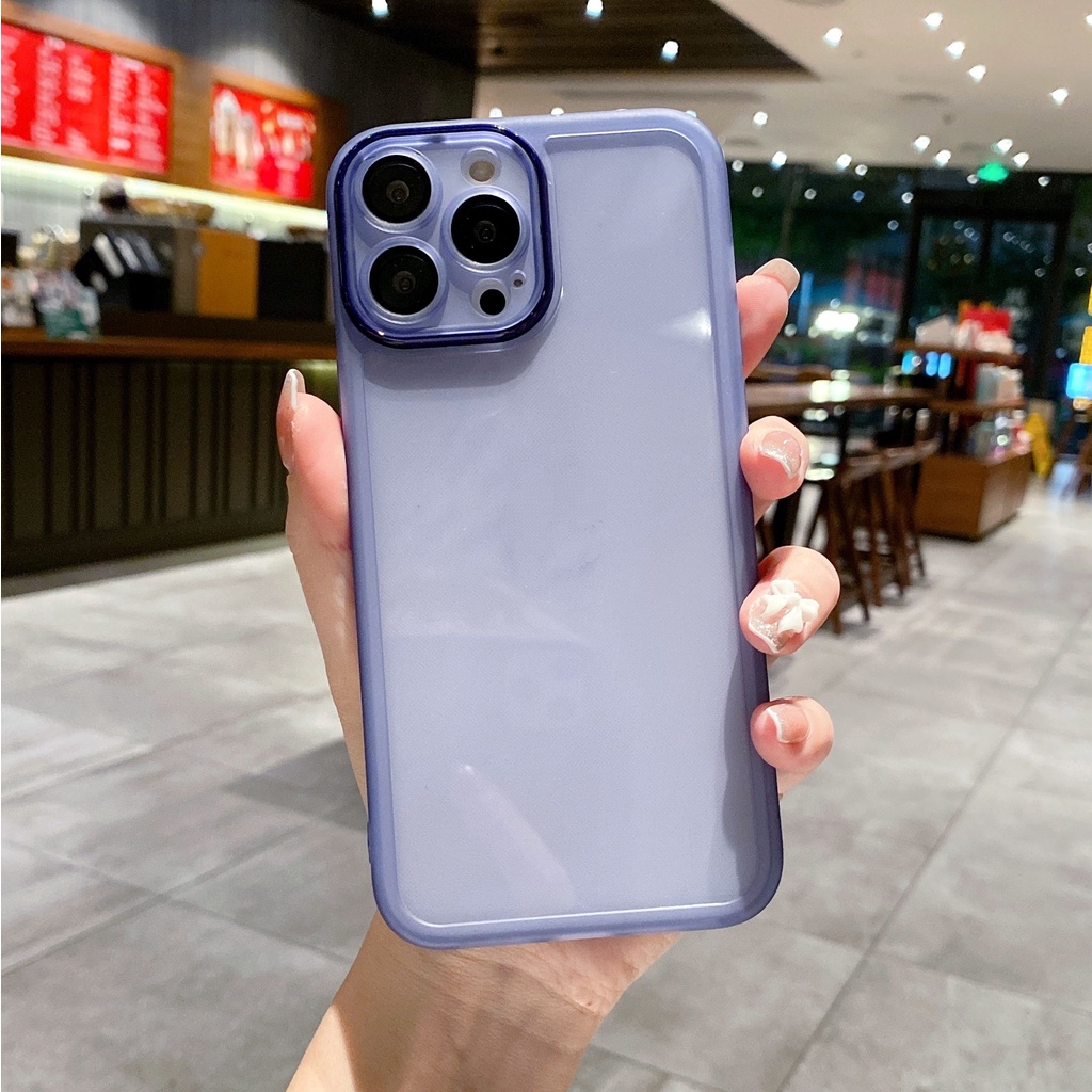 Ốp Điện Thoại PC Silicone Mềm Trong Suốt Màu Sắc Đơn Giản Bảo Vệ Ống Kính Máy Ảnh Cho iPhone 14 13 12 11 Pro Max 14Plus