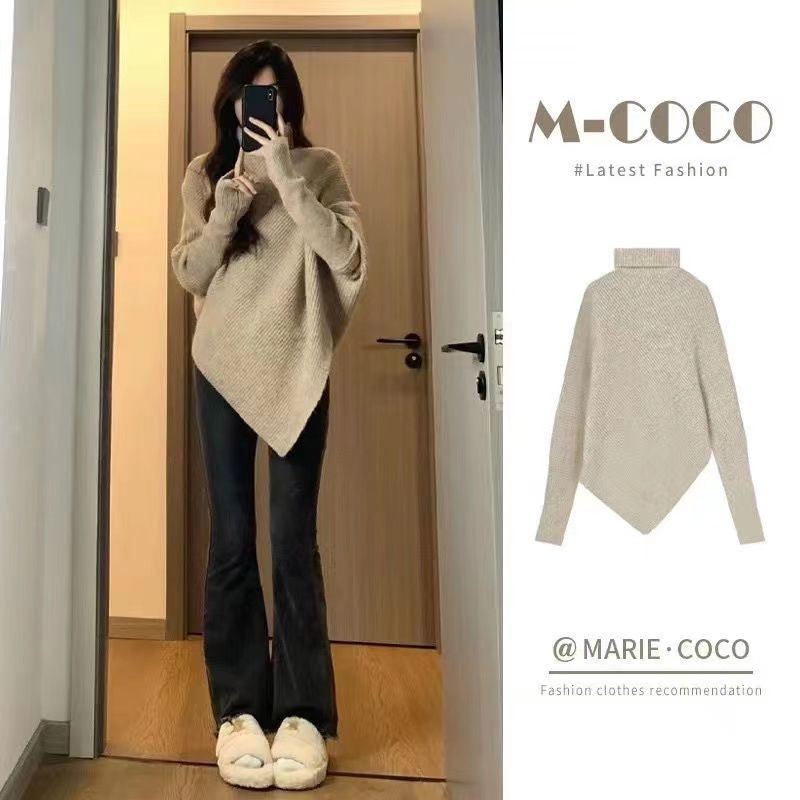 Áo Sweater Dệt Kim Cổ Cao Mềm Mại Dáng Rộng Màu Trơn Thời Trang Thu Đông Hàn Quốc Cho Nữ