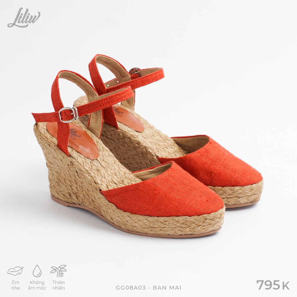 Giày đế cói kiểu xuồng quai gài phối vải gai dầu cao 8cm màu đỏ - Ban Mai ( Paris mới )