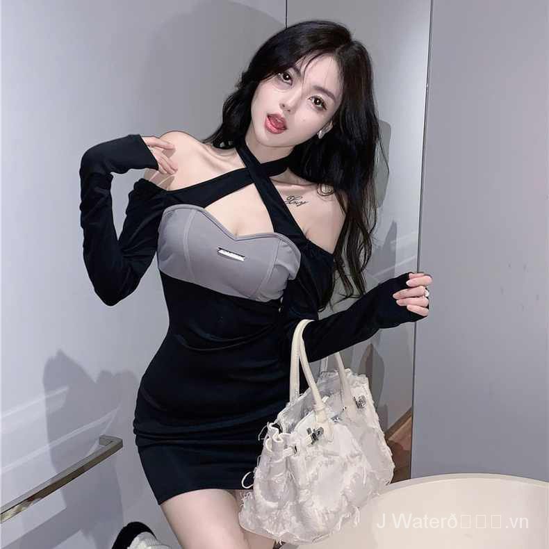 Đầm Đen Cổ Chéo Phong Cách Pháp Ngọt Ngào Thời Trang Xuân Thu Cho Nữ