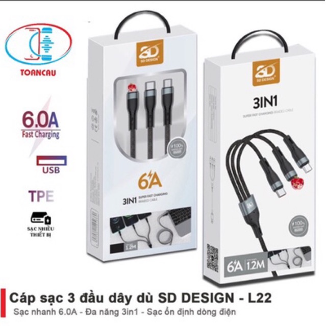 Cáp sạc 3 đầu 1m2 3IN1 6A super fast charging L22 dành cho IOS và ANDROID - PHỤ KIỆN TOÀN CẦU