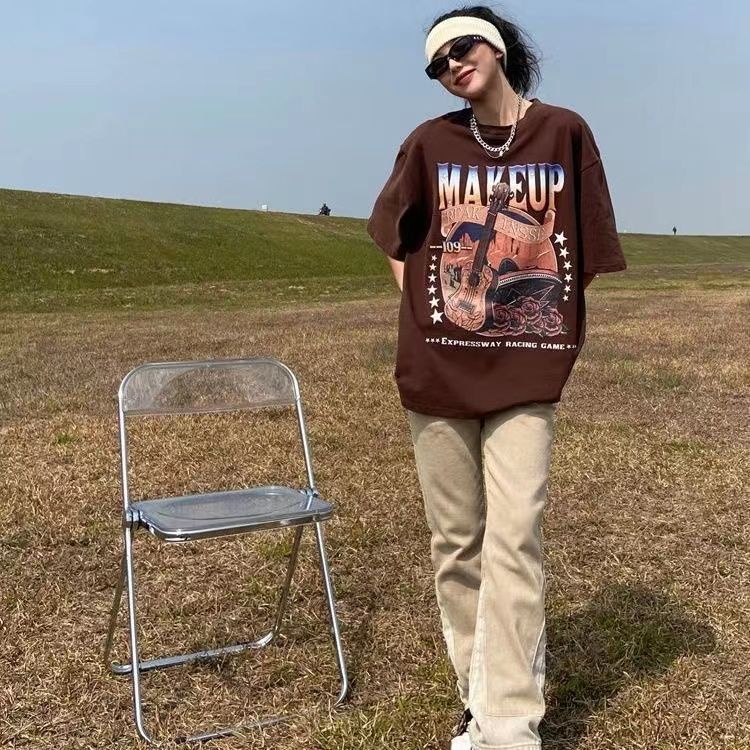 Áo Thun Tay Ngắn Dáng Rộng Bằng Cotton Nguyên Chất Phong Cách Âu Mỹ Thời Trang Mùa Hè Hàng Mới