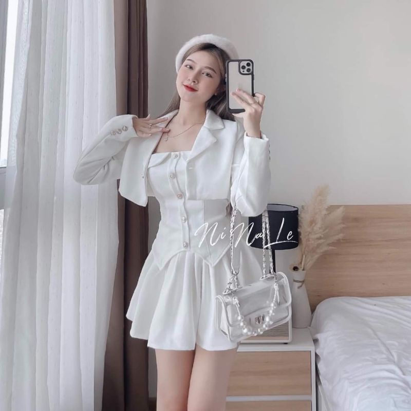 Set 3 món váy + áo + khoác đính nút sang chảnh