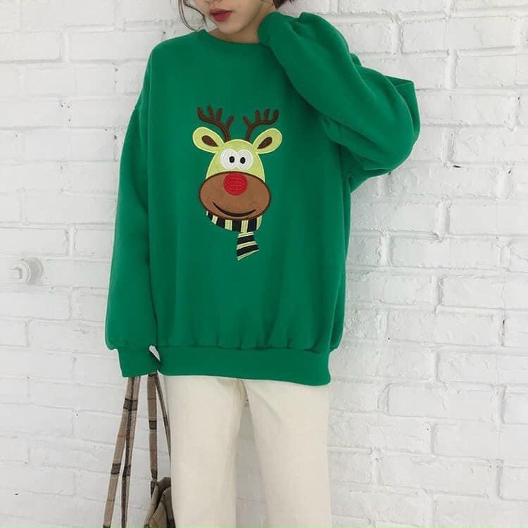 Áo sweater noel, Áo ulzzang nỉ form rộng in hình chú tuần lộc, cây thông 4 màu xanh đỏ đen trắng siêu xinh cực dễ phối
